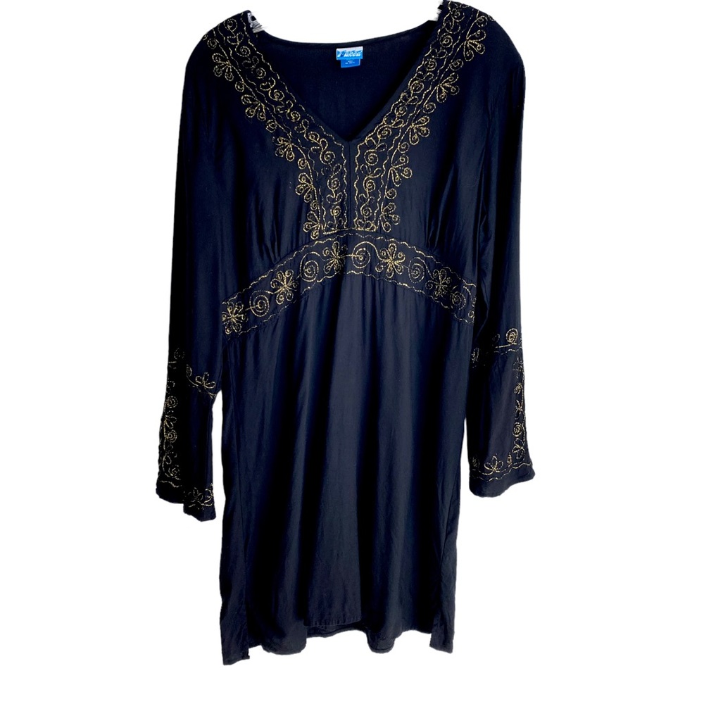 Seabed by Cejon Black 3/4 Sleeve Swim Coverup with Gold Metallic Embroidery Sz L
